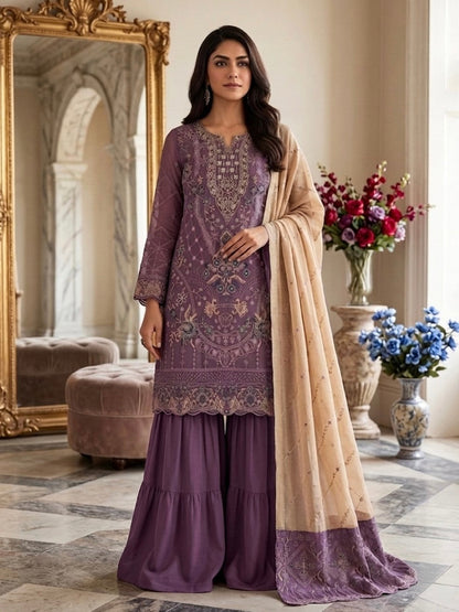 Anaita Purple Silk Suit with Embroidery & Khatli Work