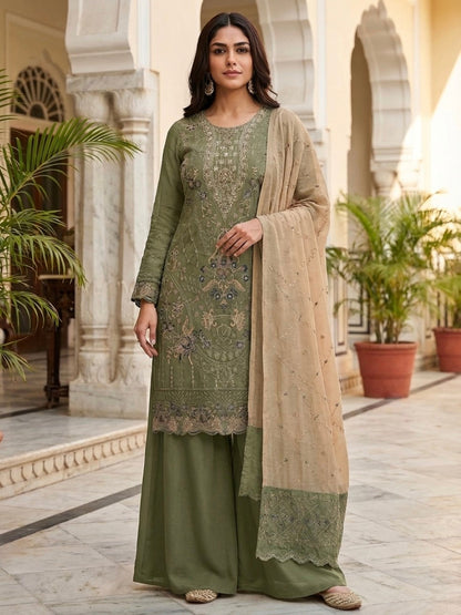 Anaita Mehendi Silk Suit with Embroidery & Khatli Work
