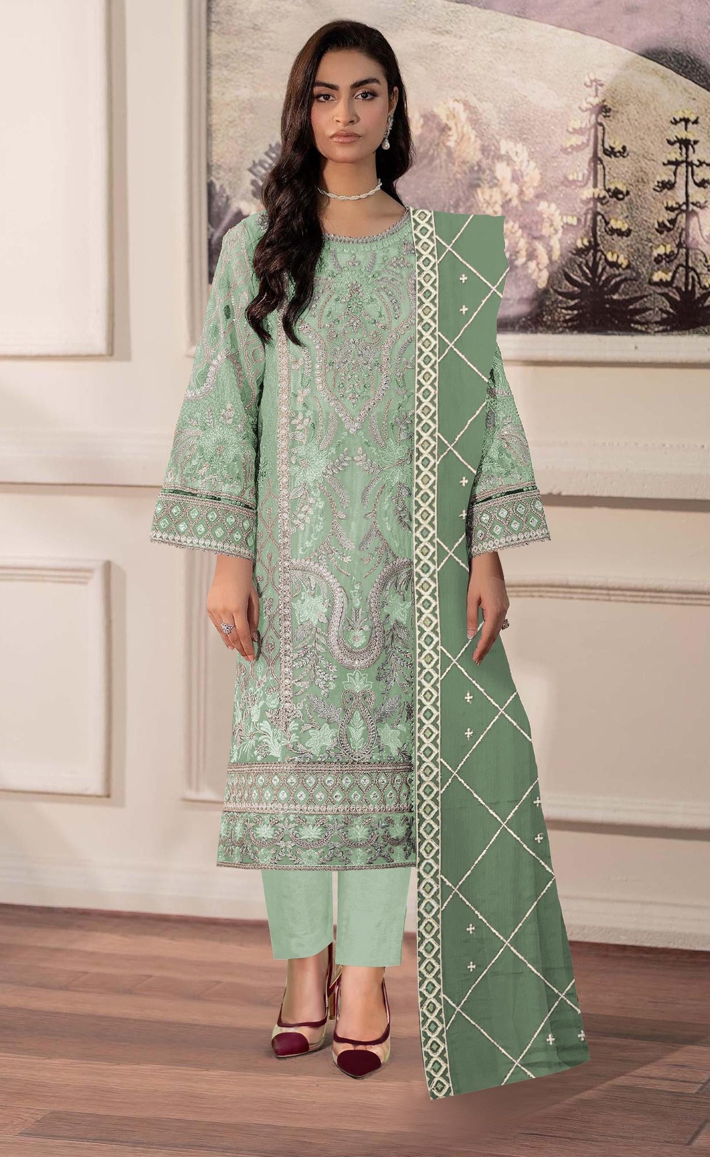 Anaita Pista Chiffon Semi Stitched Suit with Embroidery & Sequence Work