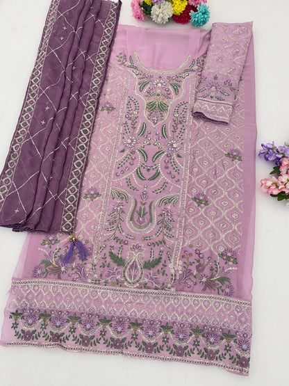 Anaita Lavender Chiffon Semi Stitched Suit with Embroidery & Sequence Work