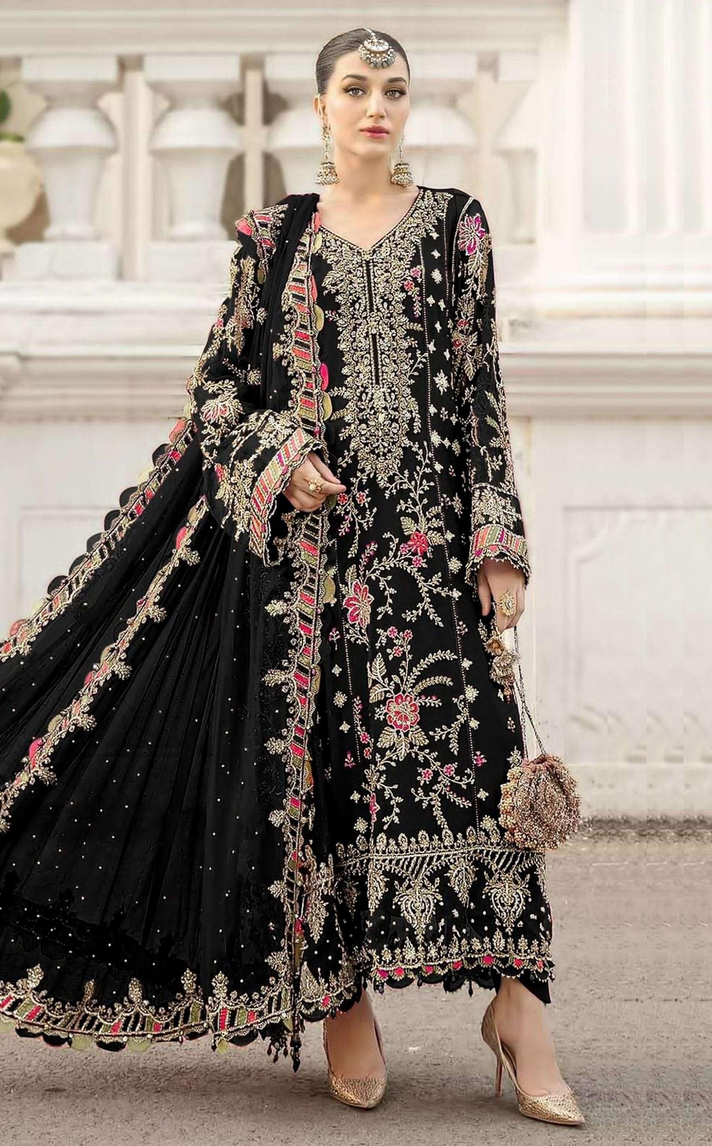 Anaita Black Chiffon Semi Stitched Suit with Embroidery & Sequence Work