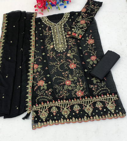 Anaita Black Chiffon Semi Stitched Suit with Embroidery & Sequence Work