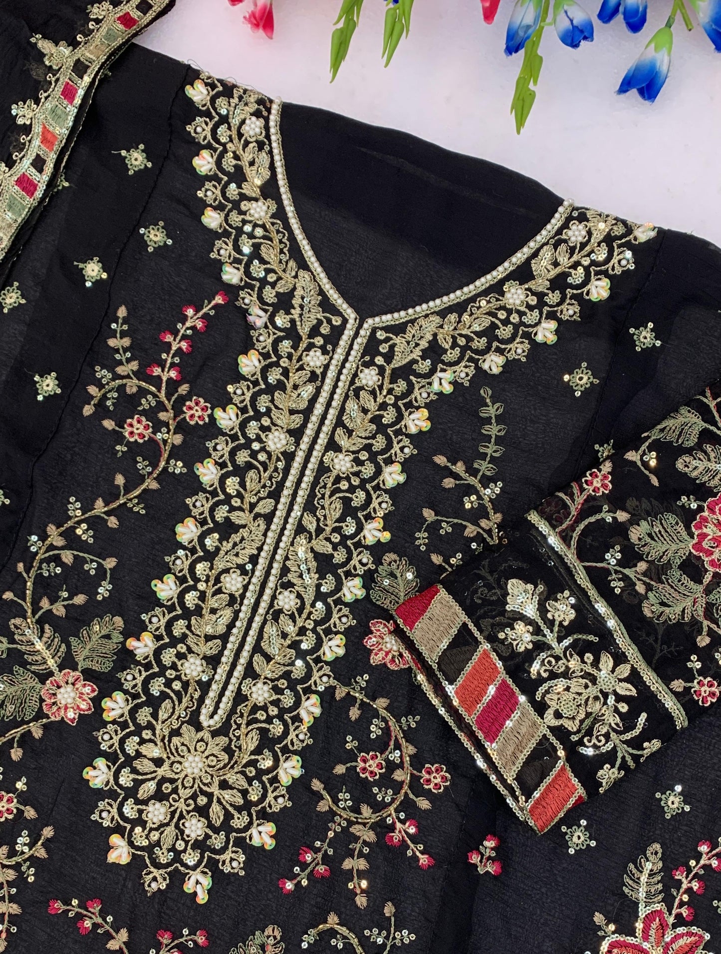 Anaita Black Chiffon Semi Stitched Suit with Embroidery & Sequence Work