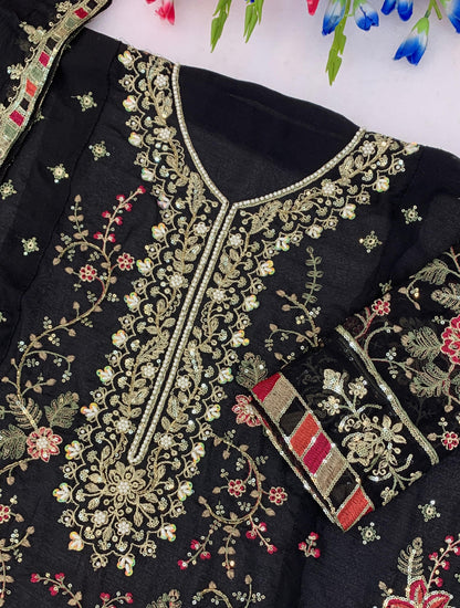 Anaita Black Chiffon Semi Stitched Suit with Embroidery & Sequence Work