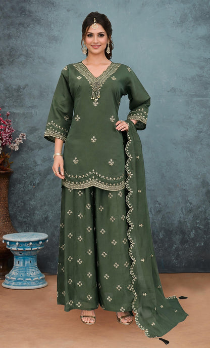 Anaita Green Roman Silk Stitched Plazzo Suit with Embroidery & Sequence Work