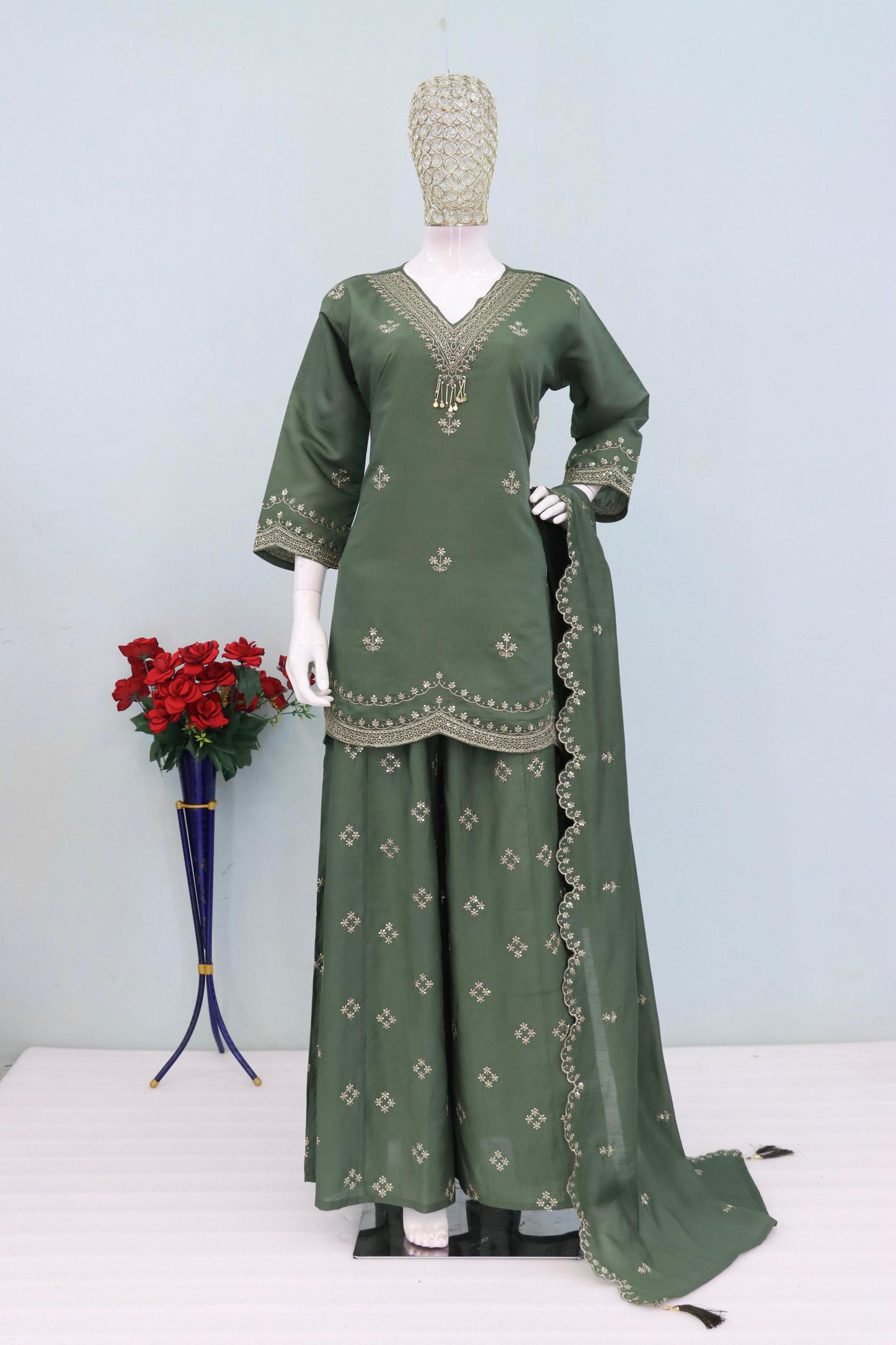 Anaita Green Roman Silk Stitched Plazzo Suit with Embroidery & Sequence Work