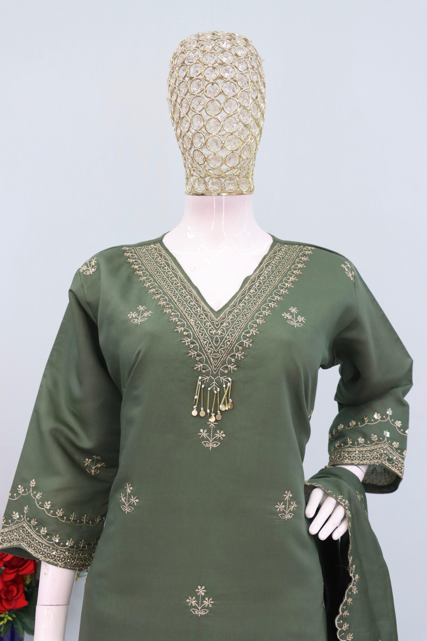 Anaita Green Roman Silk Stitched Plazzo Suit with Embroidery & Sequence Work
