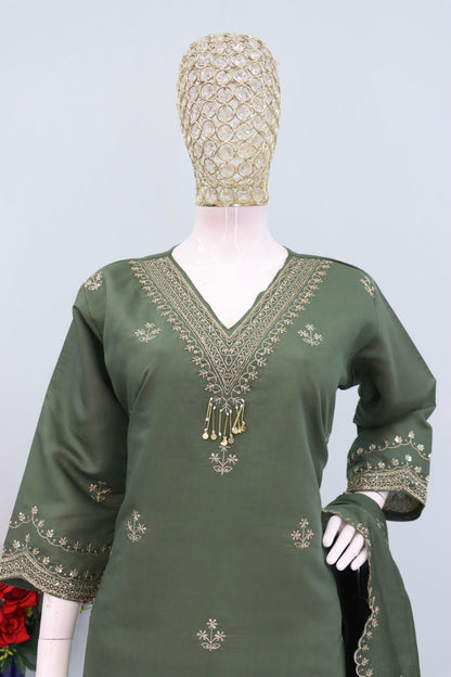 Anaita Green Roman Silk Stitched Plazzo Suit with Embroidery & Sequence Work