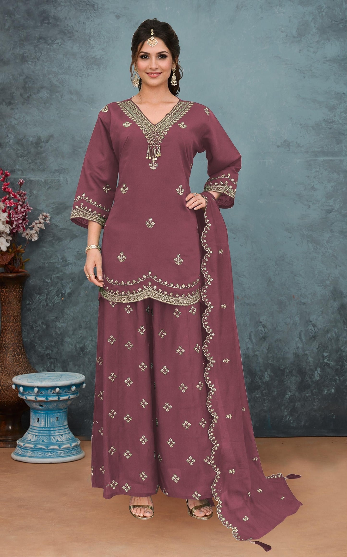 Anaita Purple Roman Silk Stitched Plazzo Suit with Embroidery & Sequence Work