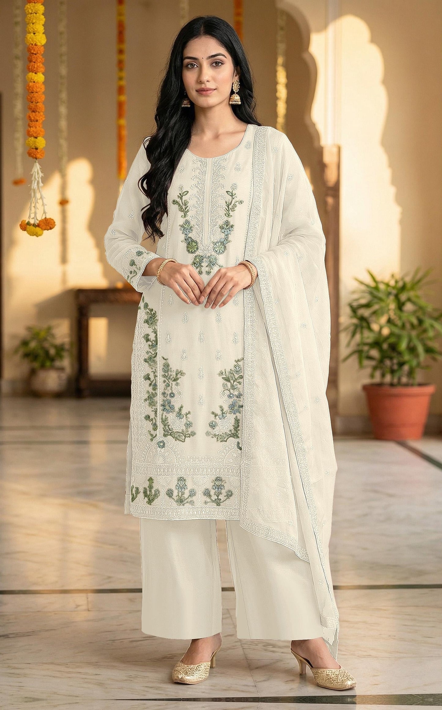 Anaita White Chiffon Semi Stitched Suit with Embroidery & Sequence Work