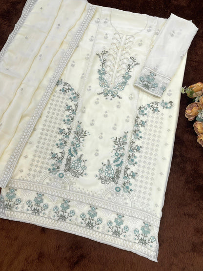 Anaita White Chiffon Semi Stitched Suit with Embroidery & Sequence Work