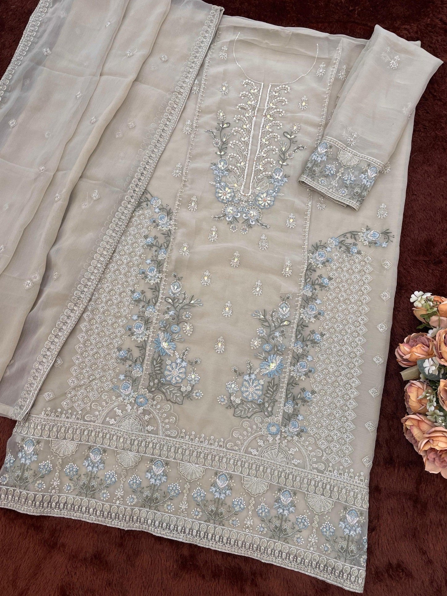 Anaita Grey Chiffon Semi Stitched Suit with Embroidery & Sequence Work