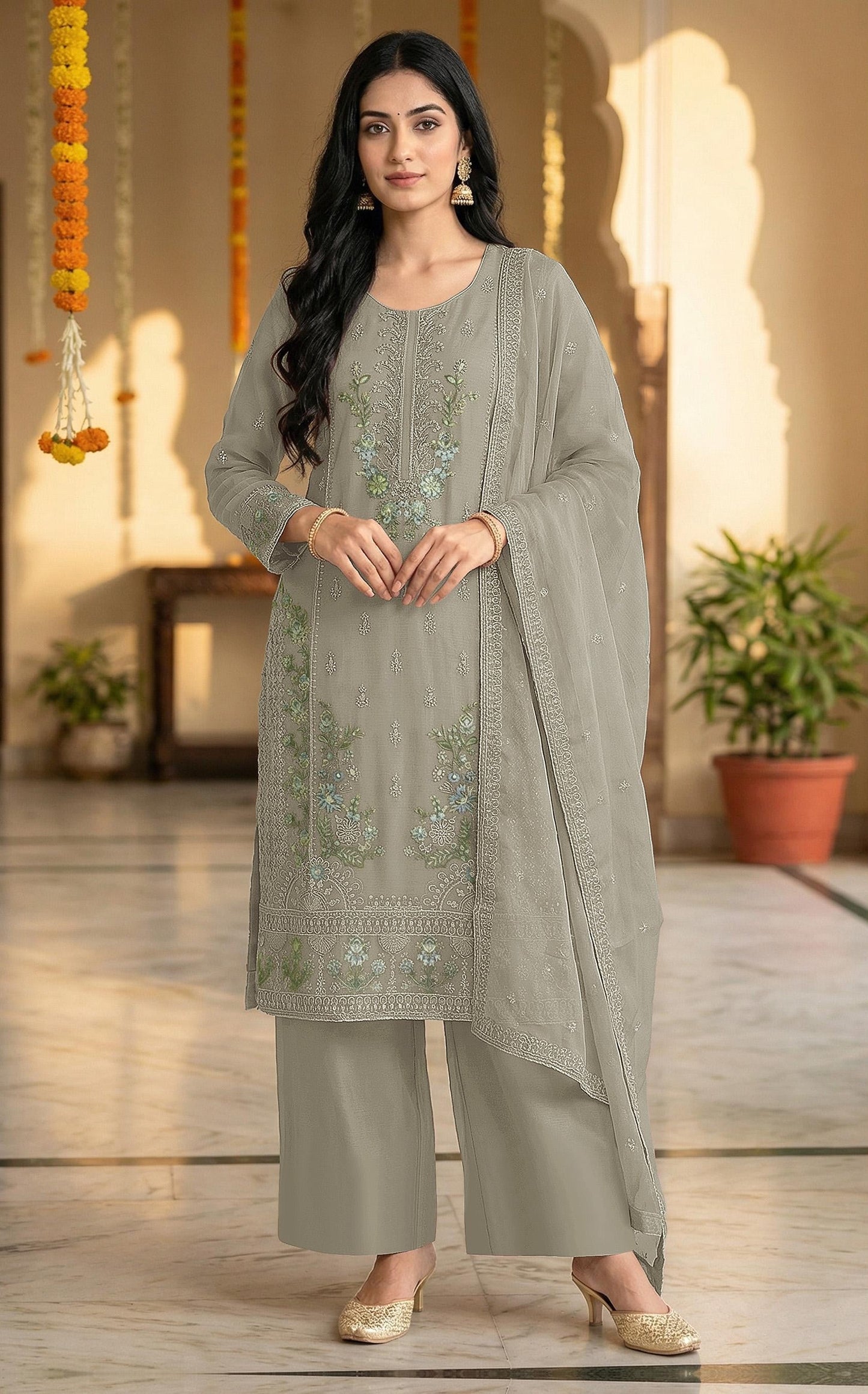 Anaita Grey Chiffon Semi Stitched Suit with Embroidery & Sequence Work