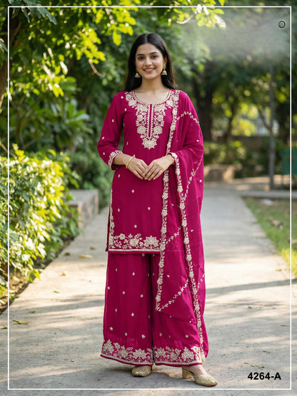 Anaita Red Chinon Stitched Plazzo Suit with Embroidered & Bearts Work