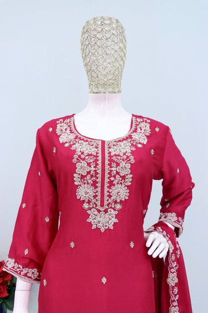 Anaita Red Chinon Stitched Plazzo Suit with Embroidered & Bearts Work