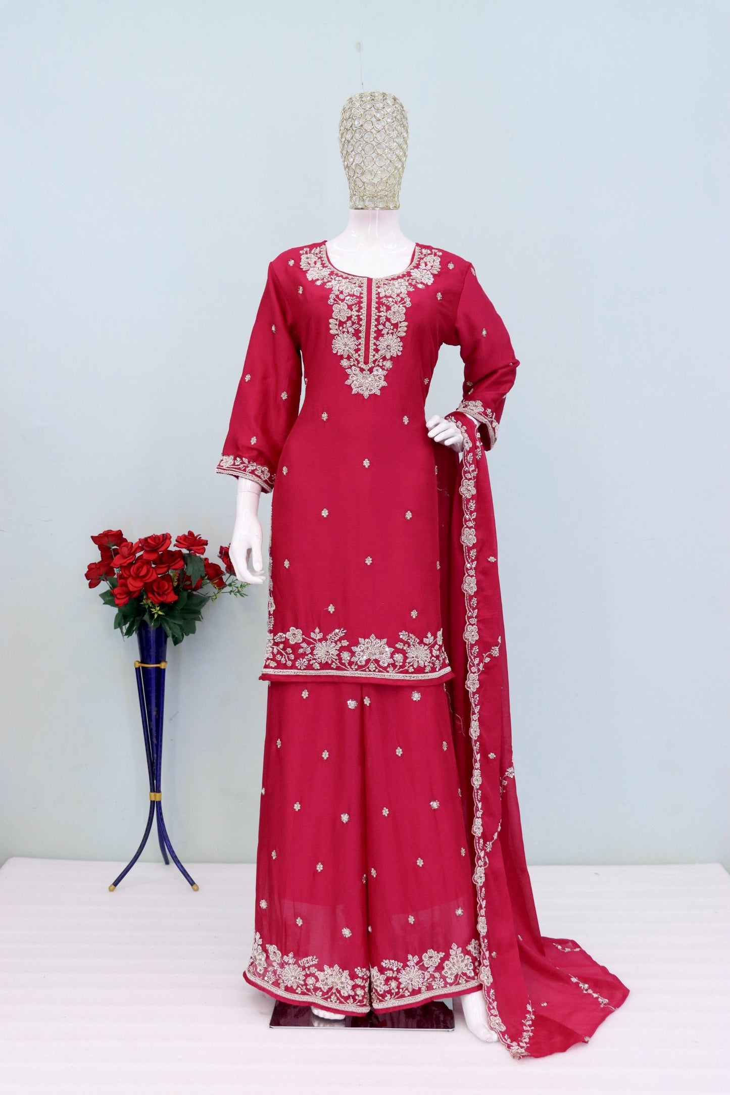 Anaita Red Chinon Stitched Plazzo Suit with Embroidered & Bearts Work