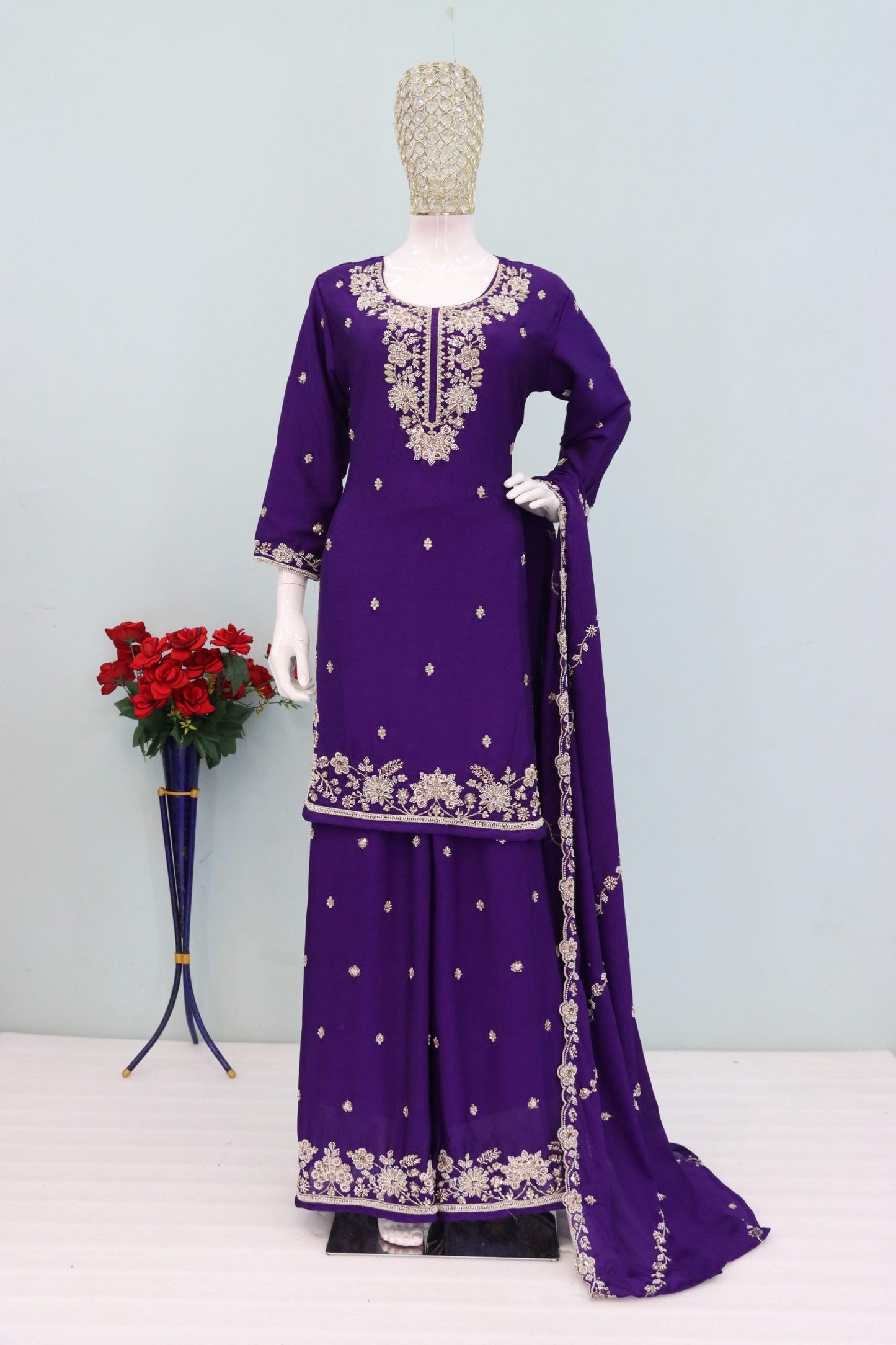 Anaita Violet Chinon Stitched Plazzo Suit with Embroidered & Bearts Work