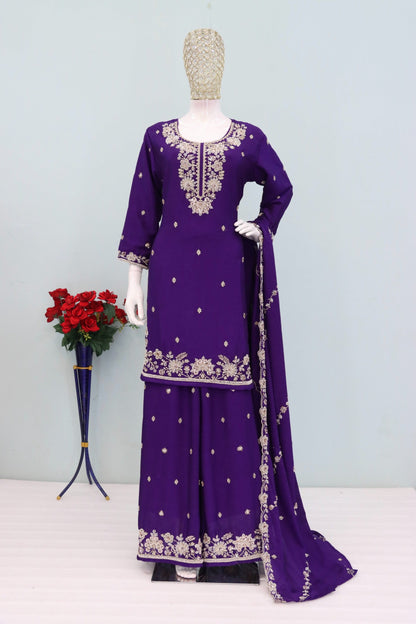 Anaita Violet Chinon Stitched Plazzo Suit with Embroidered & Bearts Work