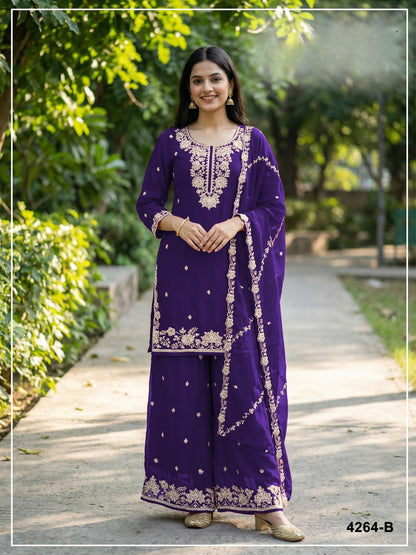 Anaita Violet Chinon Stitched Plazzo Suit with Embroidered & Bearts Work
