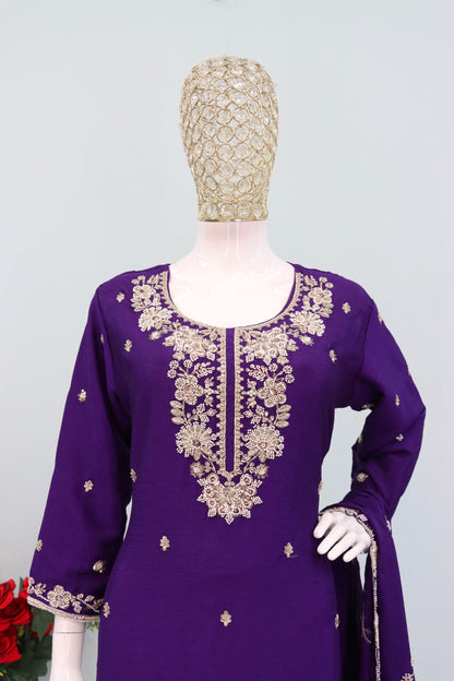 Anaita Violet Chinon Stitched Plazzo Suit with Embroidered & Bearts Work