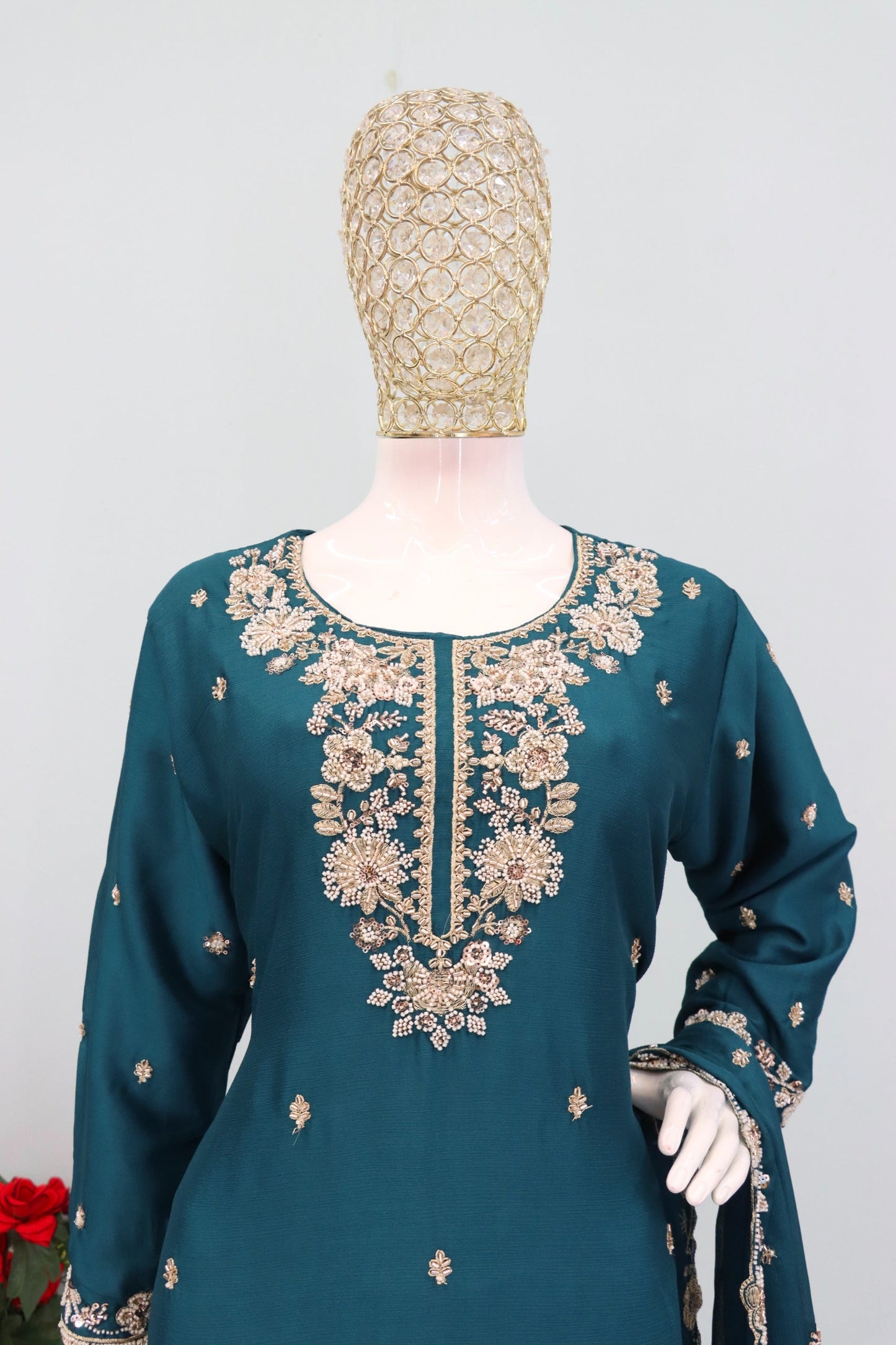 Anaita Teal Chinon Stitched Plazzo Suit with Embroidered & Bearts Work