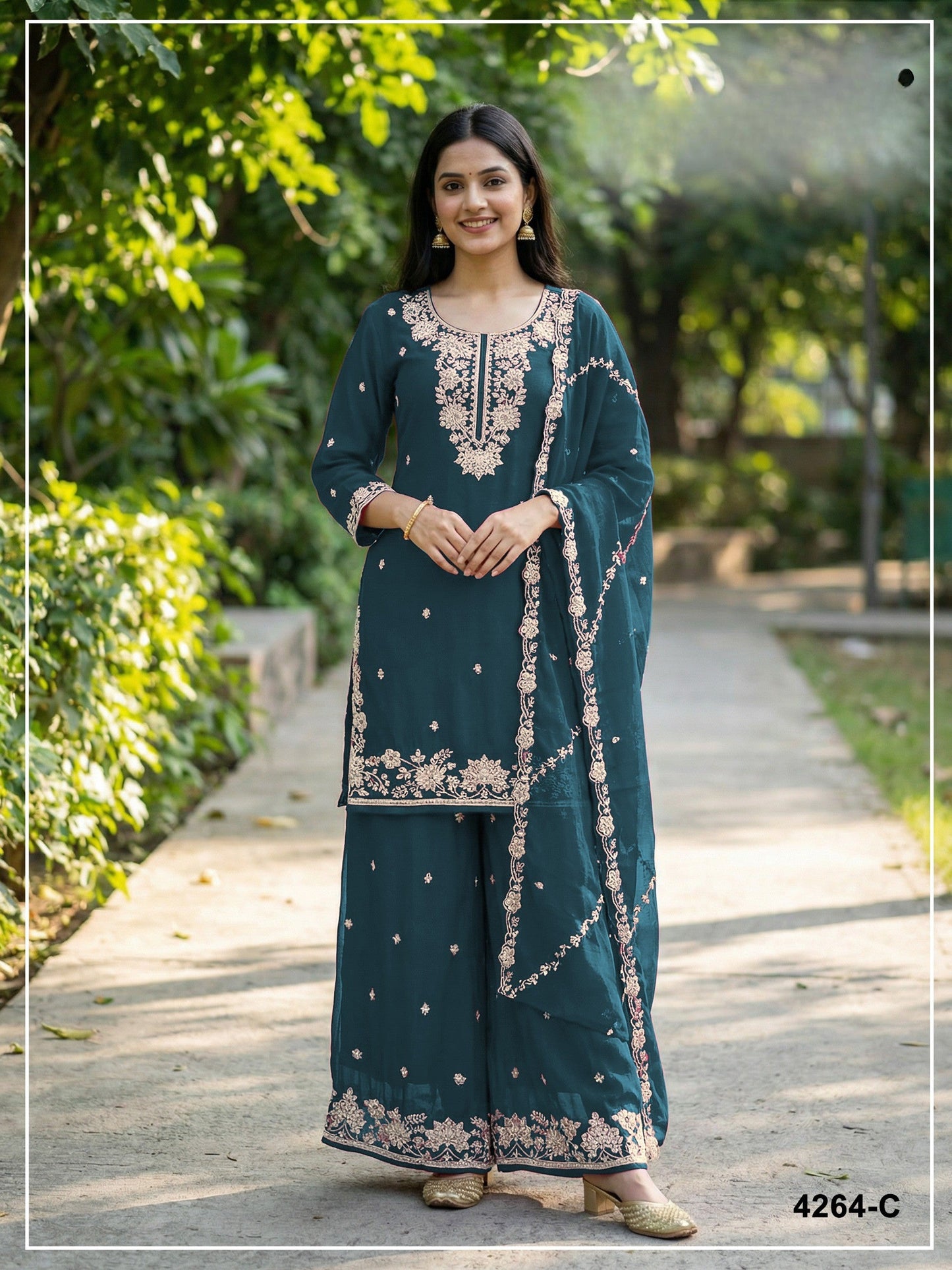 Anaita Teal Chinon Stitched Plazzo Suit with Embroidered & Bearts Work