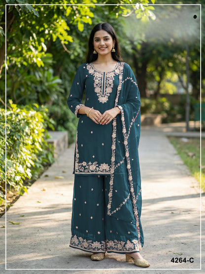 Anaita Teal Chinon Stitched Plazzo Suit with Embroidered & Bearts Work