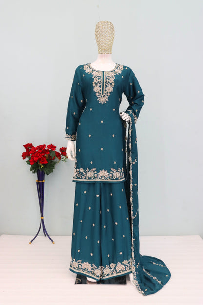 Anaita Teal Chinon Stitched Plazzo Suit with Embroidered & Bearts Work