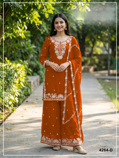 Anaita Orange Chinon Stitched Plazzo Suit with Embroidered & Bearts Work