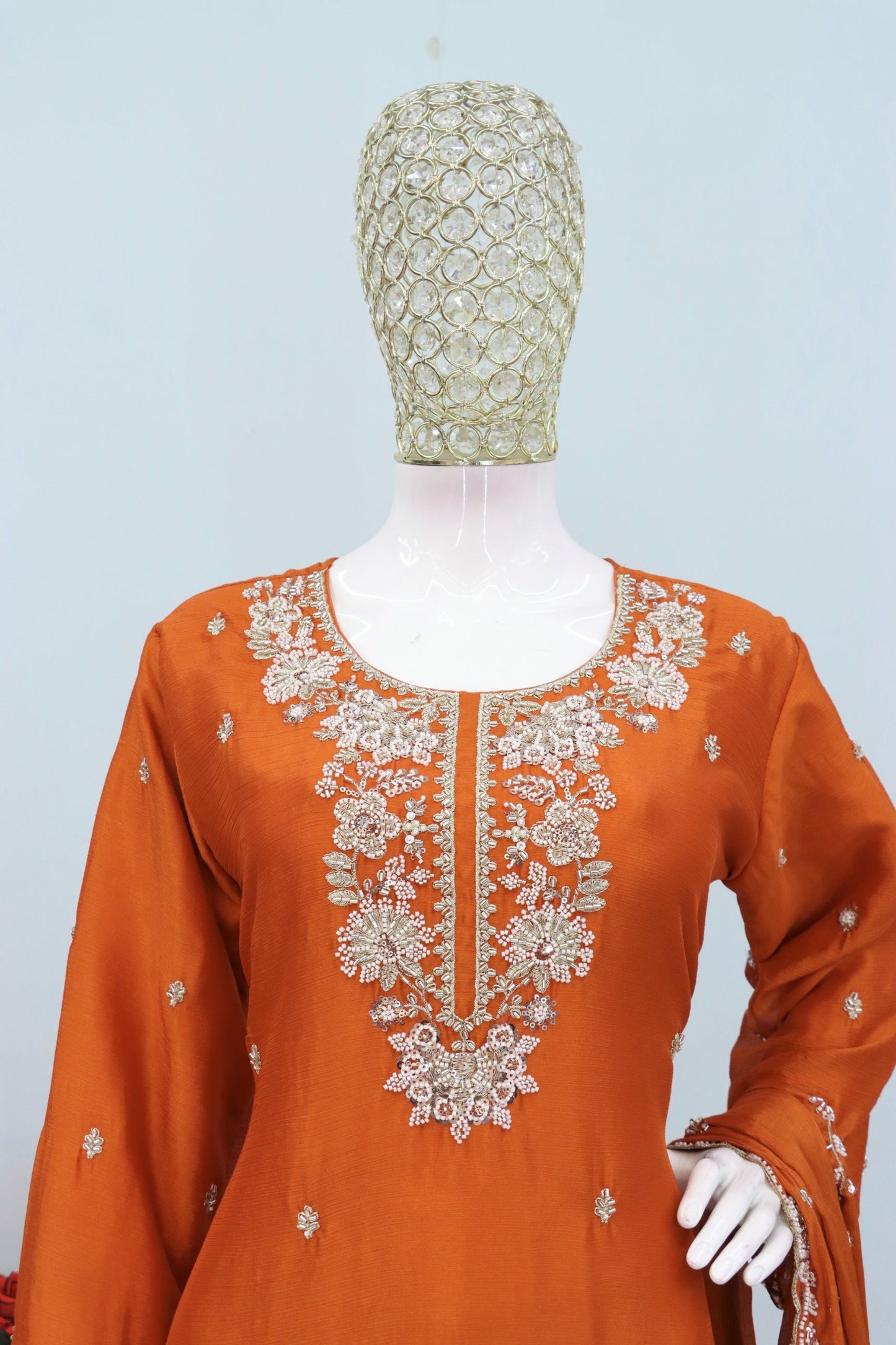 Anaita Orange Chinon Stitched Plazzo Suit with Embroidered & Bearts Work