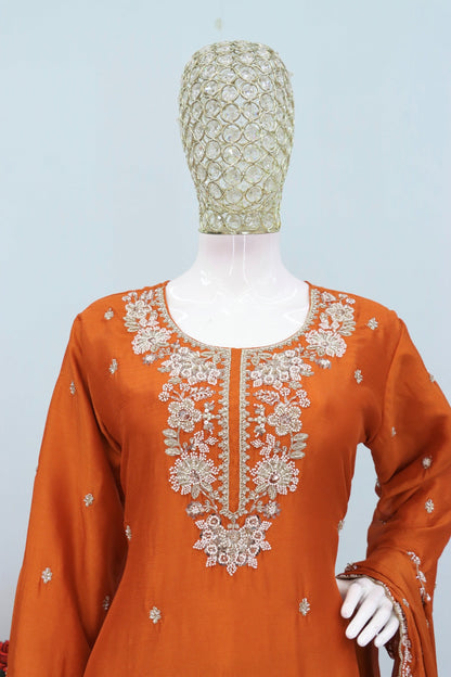 Anaita Orange Chinon Stitched Plazzo Suit with Embroidered & Bearts Work