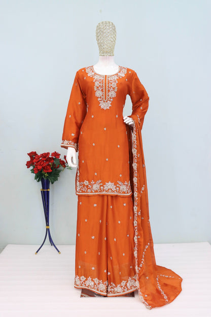 Anaita Orange Chinon Stitched Plazzo Suit with Embroidered & Bearts Work