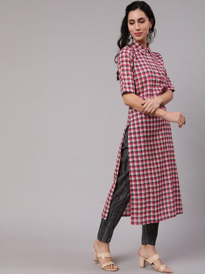 Aks Women Checked Shirt Collar Pure Cotton Kurta With Trousers