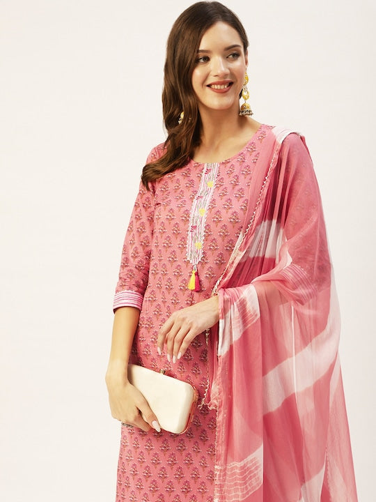 Anubhutee Women Peach Coloured Floral Printed Pure Cotton Kurta with Trousers & With Dupatta