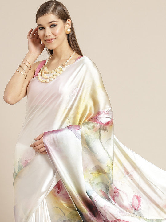 Tikhi Imli White & Pink Digital Floral Print Saree