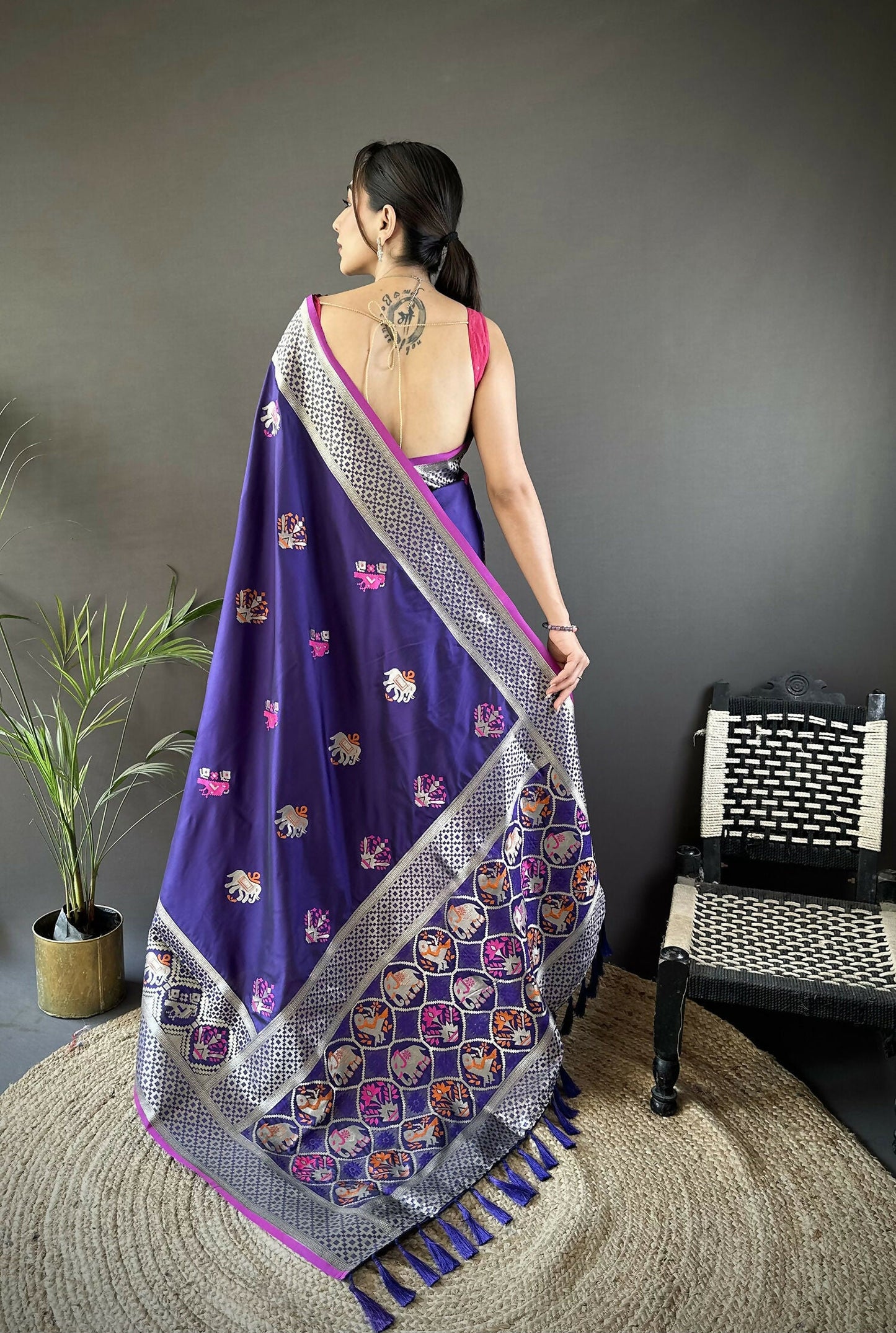 Joban Fashion Royal Blue Elephant & Floral Motifs Soft Lichi Silk Banarasi Saree