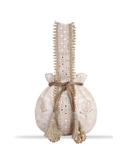 Masq Off White & Gold-Toned Embellished Embroidered Potli Clutch