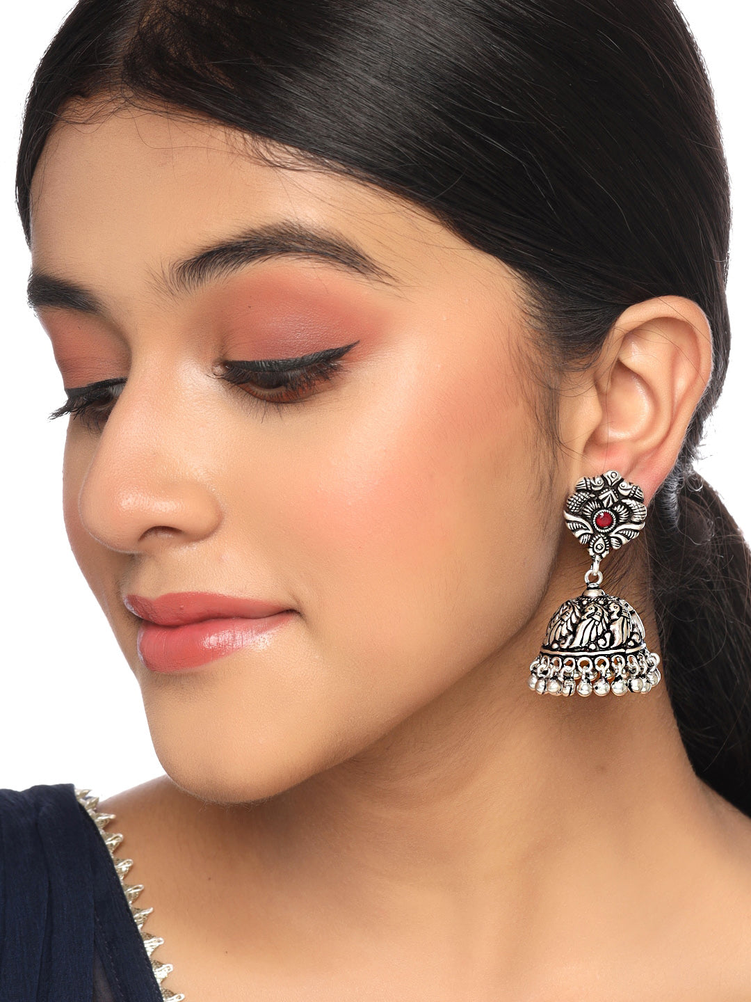 Yellow Chimes Silver-Plated Kolhapuri Peacock Design Jhumkas Earrings