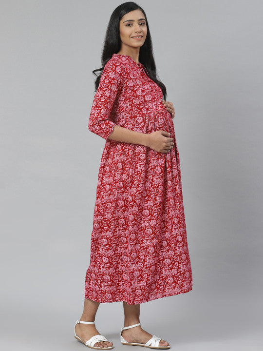 Anayna Maroon & Pink Printed Pure Cotton Maternity A-Line Dress