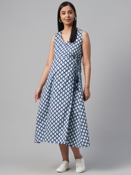 Anayna Women Blue & White Printed Maternity Wrap Dress