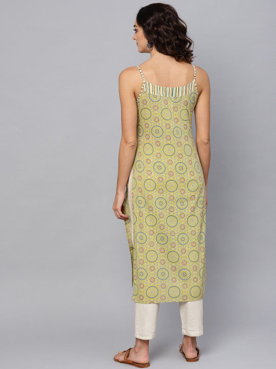 Anayna Women Green & Off-White Printed Straight Kurta