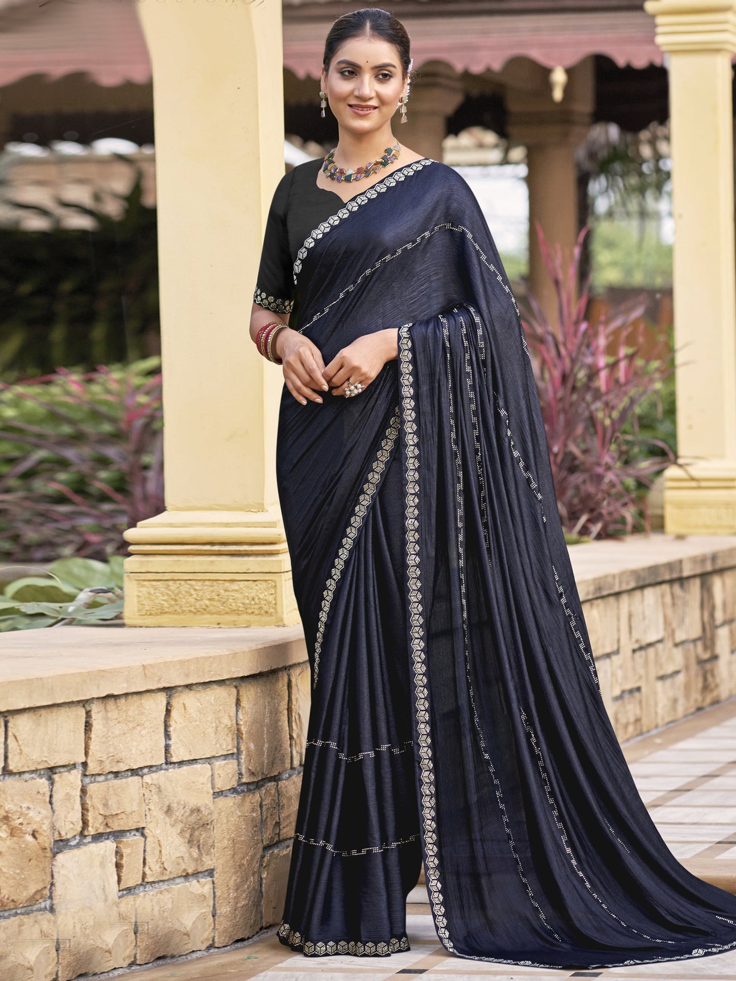 Stylee Lifestyle Mid Night Blue Shimmer Chiffon Embellished Saree