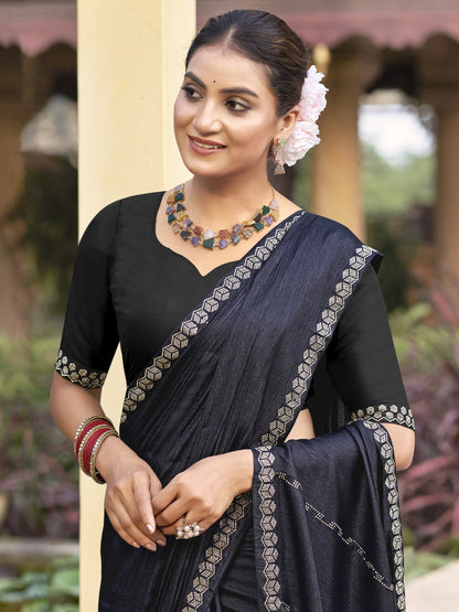 Stylee Lifestyle Mid Night Blue Shimmer Chiffon Embellished Saree