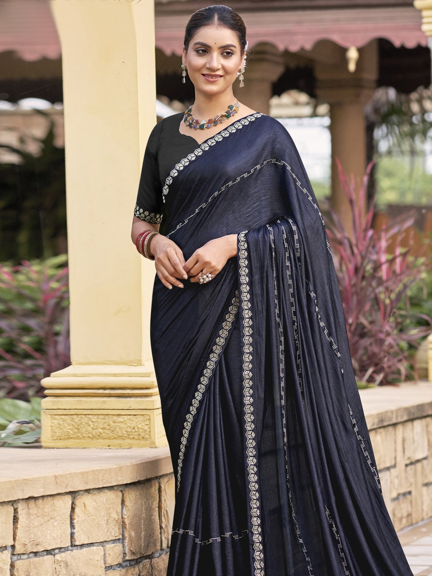 Stylee Lifestyle Mid Night Blue Shimmer Chiffon Embellished Saree