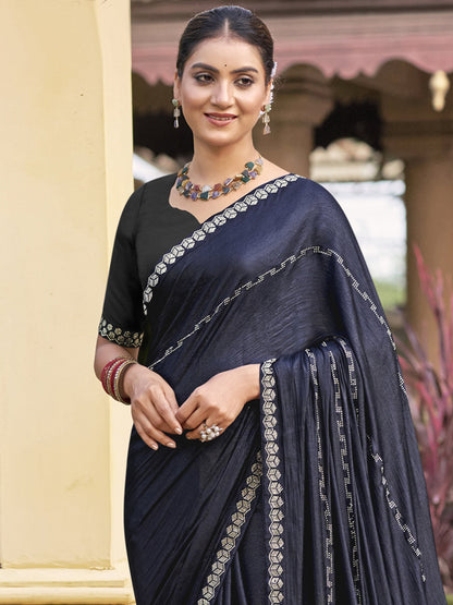 Stylee Lifestyle Mid Night Blue Shimmer Chiffon Embellished Saree