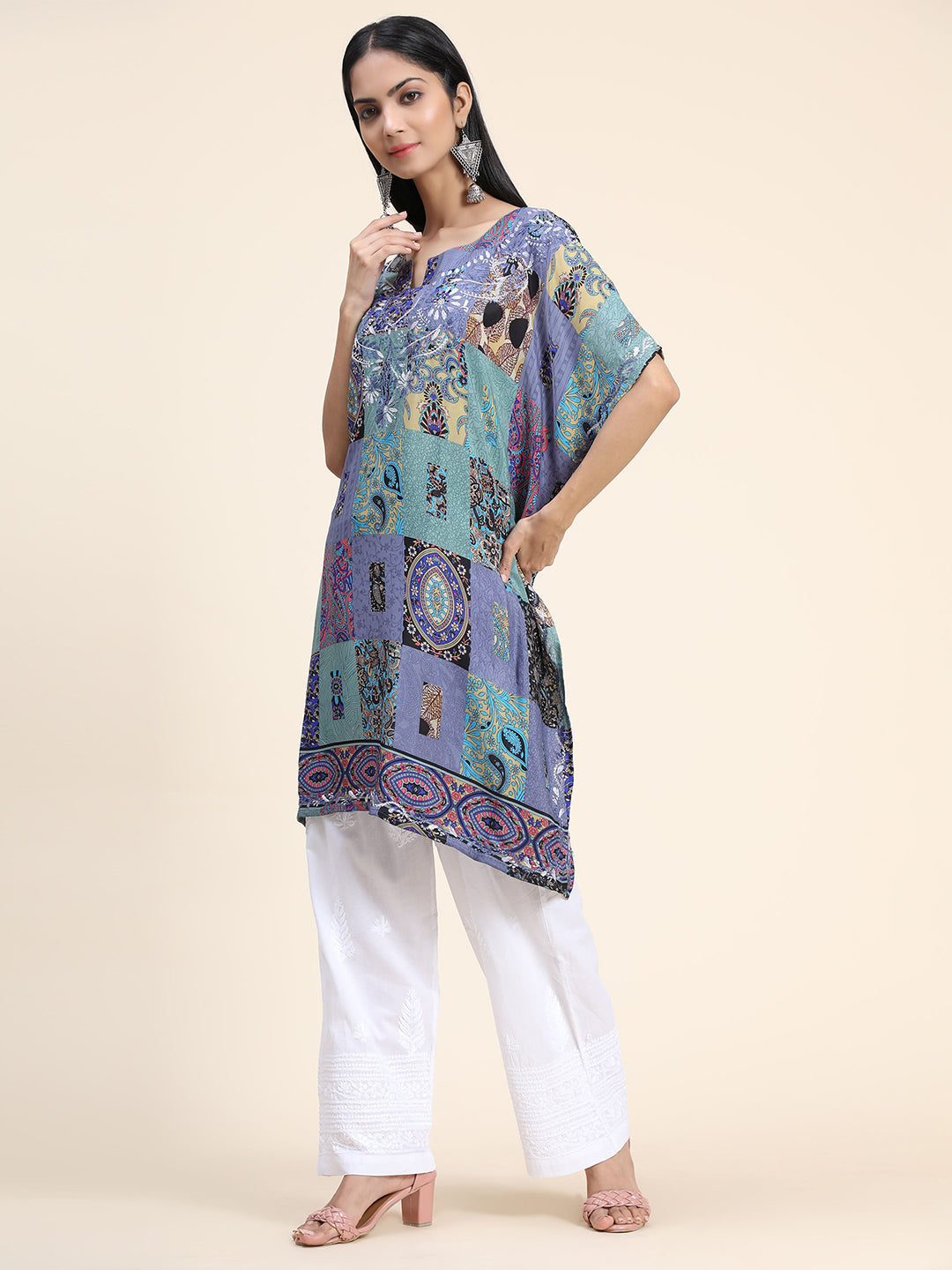 HOUSE OF KARI Ethnic Motifs Printed Notched Neck Chikankari Embroidery Cotton Kaftan Kurta
