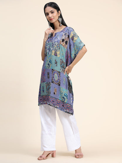 HOUSE OF KARI Ethnic Motifs Printed Notched Neck Chikankari Embroidery Cotton Kaftan Kurta