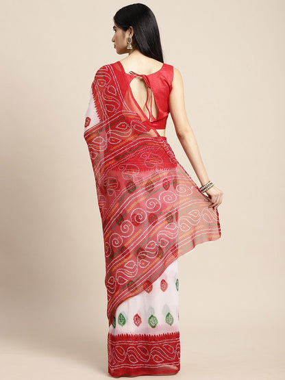 Saree Mall White & Red Printed Bandhani Sarees