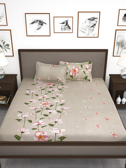 Story@home Beige & Red Floral Flat 240 TC 1 Double Bedsheet with 2 Pillow Covers