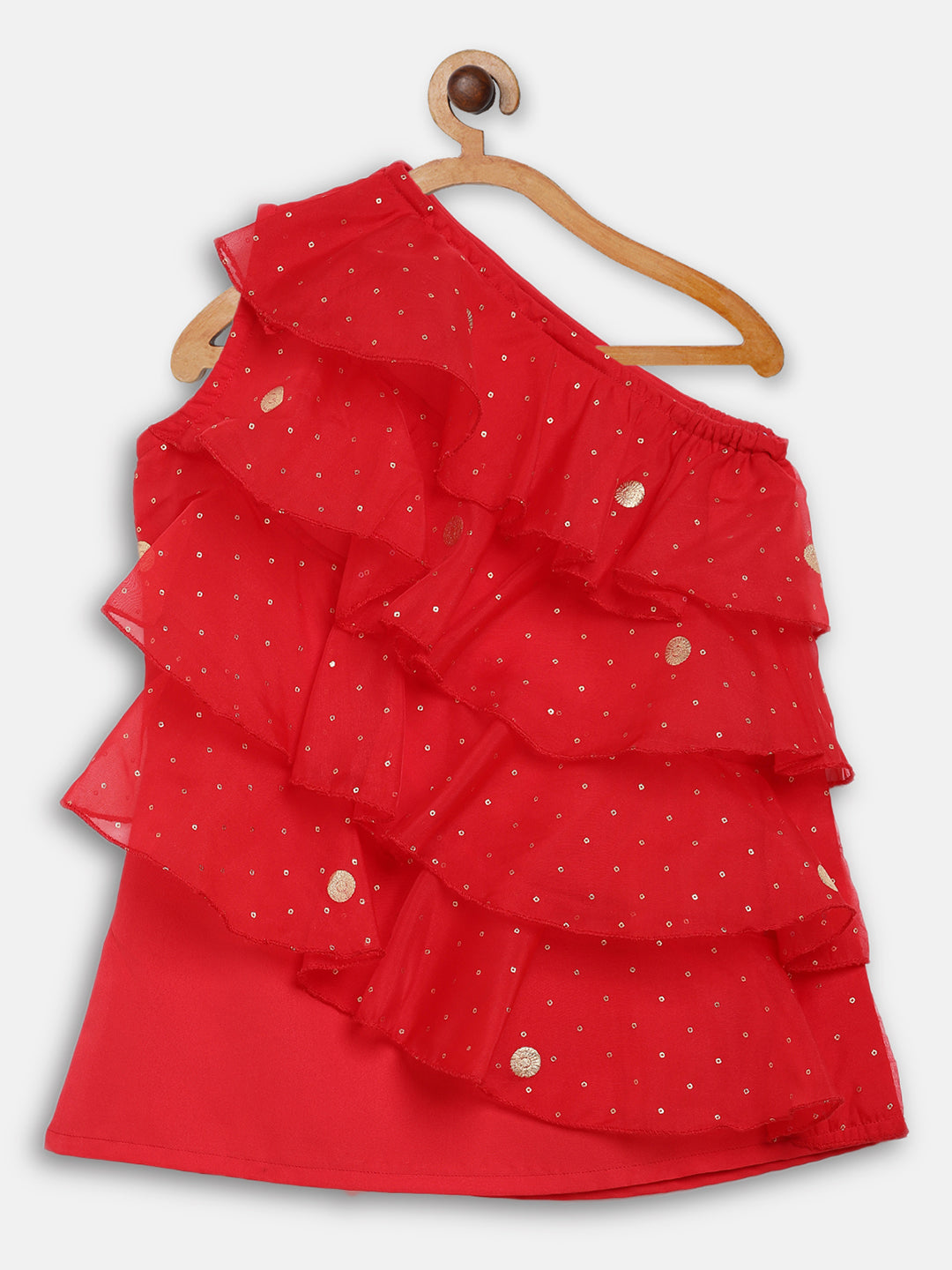 Ahalyaa Girls Red Embellished Ruffled Kurta with Trousers